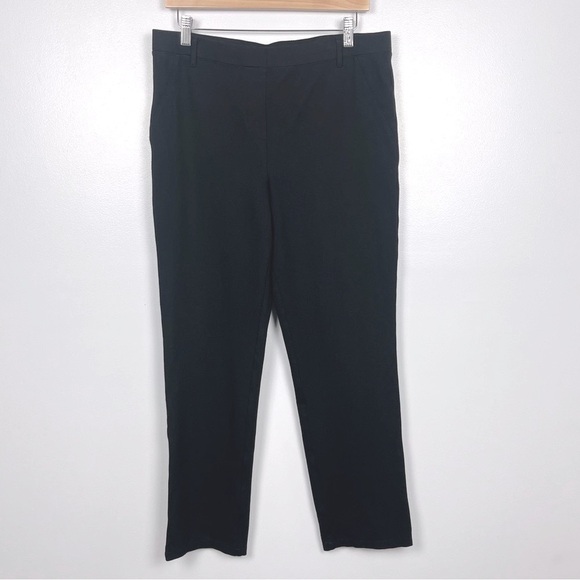 Quince Pants - Quince black ponte knit pull on straight leg faux pocket career pants, large.